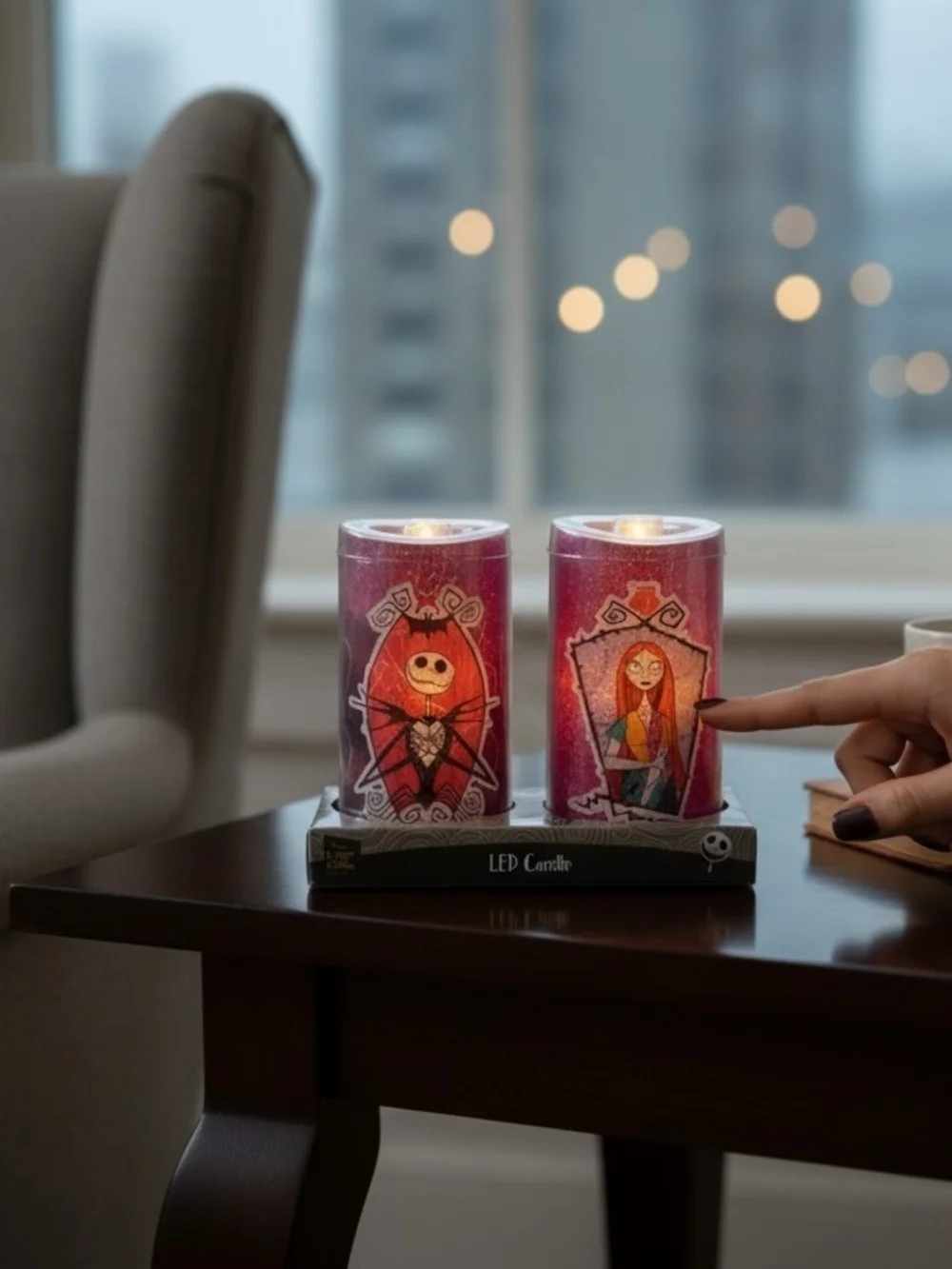 Nightmare Before Christmas color-changing LED candles featuring Jack and Sally